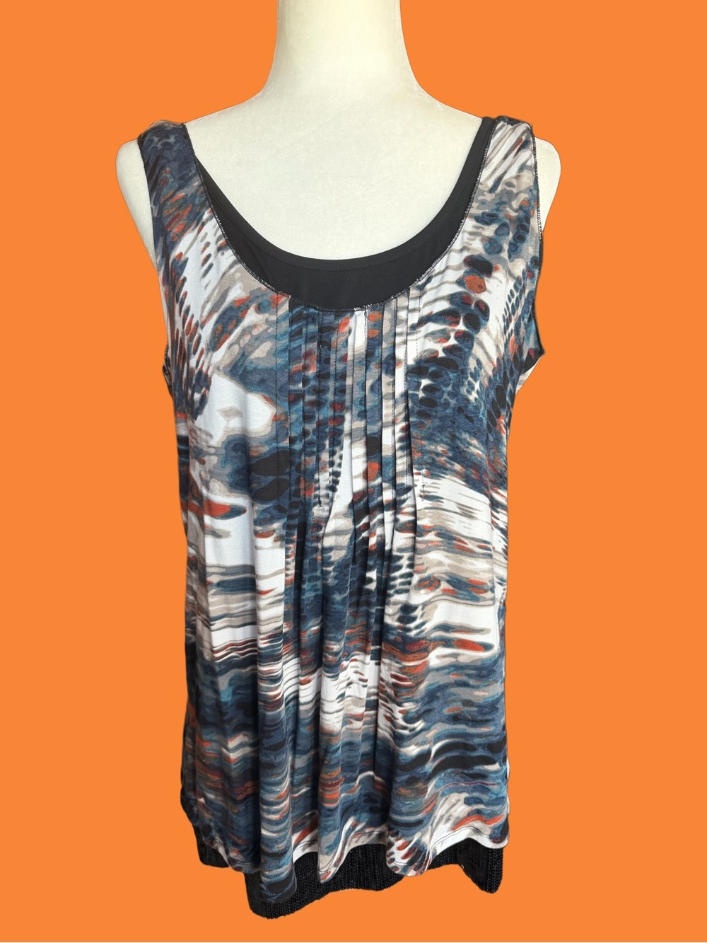Calvin Klein Multicolor Abstract Pleated Tank w/ Black Sequined Bottom